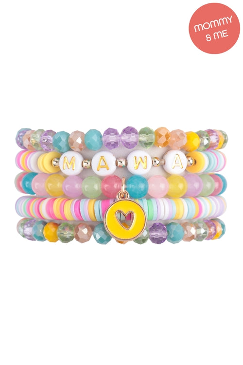 "Mama" & "Me" FIMO Glass Beads With Heart Pendant Stackable Bracelet Set Light Multicolor - Pack of 12