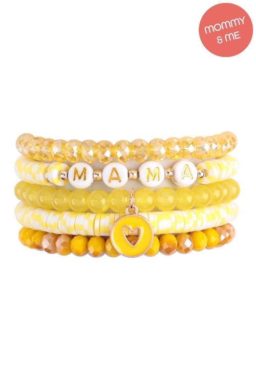 "Mama" & "Me" FIMO Glass Beads With Heart Pendant Stackable Bracelet Set Yellow - Pack of 12