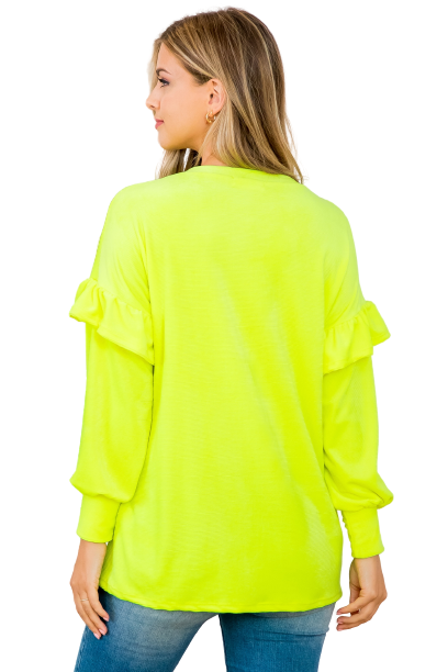 Puff Sleeve Ruffle Detail Corduroy Top Neon Lime - Pack of 6