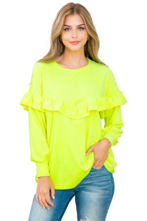Puff Sleeve Ruffle Detail Corduroy Top Neon Lime - Pack of 6