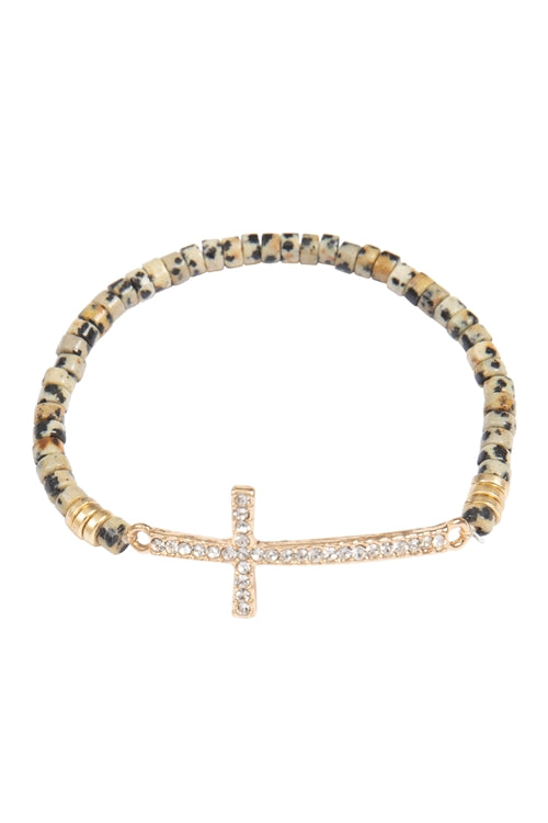 Cross Rhinestone With Natural Stone Beads Stretch Bracelet Dalmatian - Pack of 6