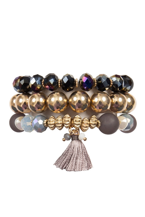 Glass Beads CCB, Tassel Pendant, Layered Charm Bracelet Black - Pack of 6