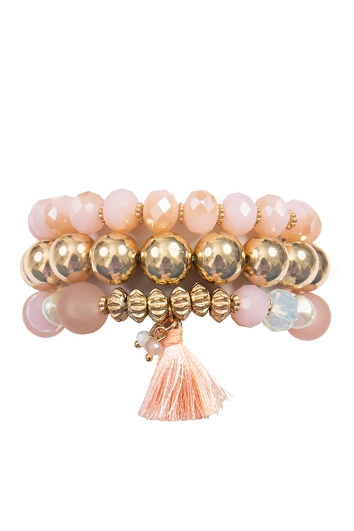 Glass Beads CCB, Tassel Pendant, Layered Charm Bracelet Pink - Pack of 6