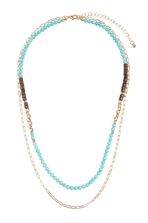 Natural Stone, Chain Layered Long Necklace Turquoise - Pack of 6