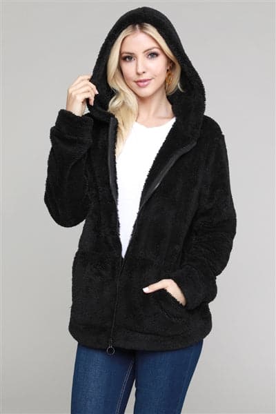 Faux Fur Teddy Bear Zip Up Hoodie Jacket Black - Pack of 6