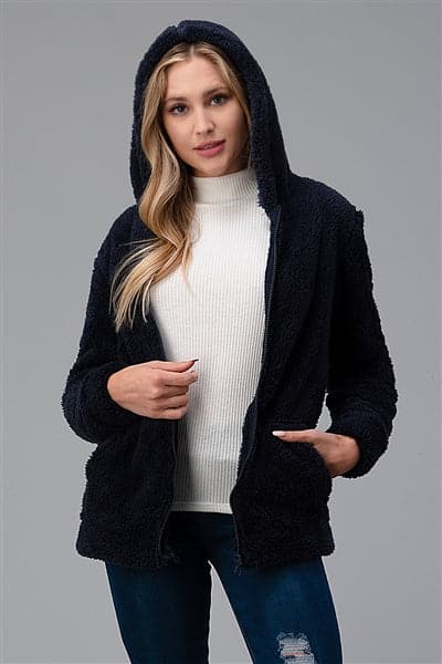 Faux Fur Teddy Bear Zip Up Hoodie Jacket Navy - Pack of 6