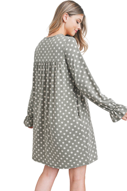 Ruffle Long Sleeve Polka Dot Shirring Detail Dress Olive - Pack of 7