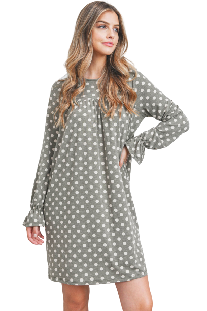 Ruffle Long Sleeve Polka Dot Shirring Detail Dress Olive - Pack of 7