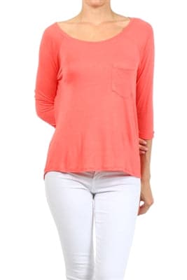 Long Sleeve Chest Pocket Hi Low Top Coral - Pack of 6