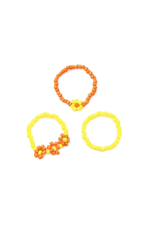 Flower Seed Bead Stretch 3 Set Ring Yellow Orange - Pack of 6