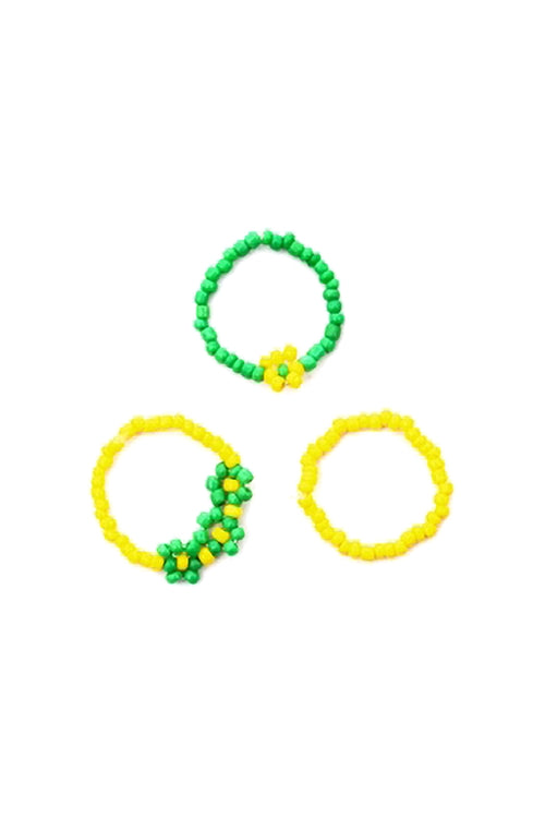 Flower Seed Bead Stretch 3 Set Ring Yellow Green - Pack of 6