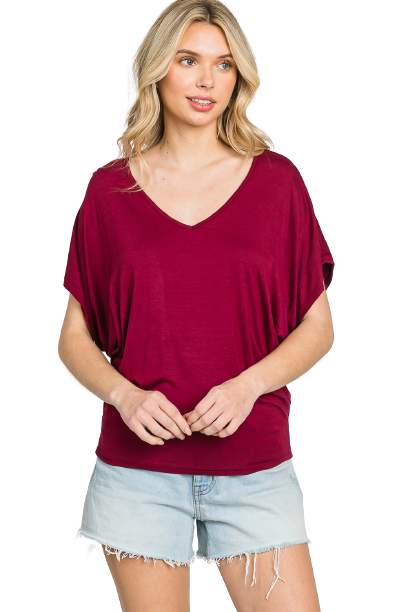 Rounded V-Neckline Ruffle Short Sleeve Batwing Top Burgundy - Pack of 6