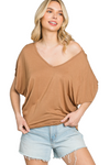 Rounded V-Neckline Ruffle Short Sleeve Batwing Top Taupe - Pack of 6