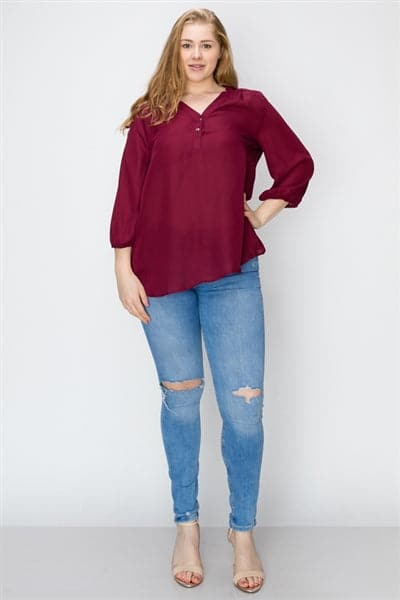 Wool Dobby Henley Plus Top Burgundy - Pack of 6