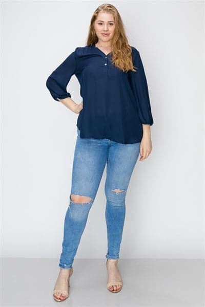 Wool Dobby Henley Plus Top Navy - Pack of 6