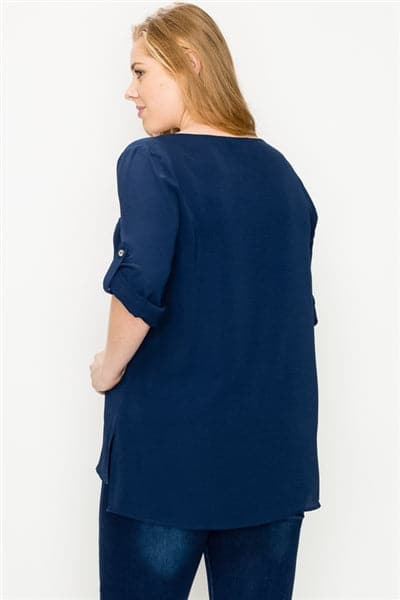 Plus Size Koshibo Roll-Tabs Sleeves Top Navy  - Pack of 6