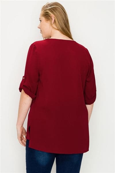 Plus Size Koshibo Roll-Tabs Sleeves Top Burgundy - Pack of 6