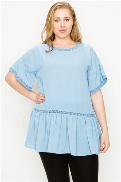 Plus Size Koshibo Crochet Ruffled Top Denim Blue - Pack of 6