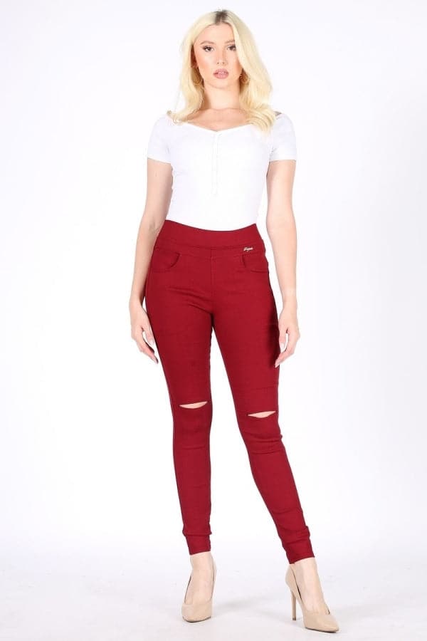 High Waist Super Stretch Skinny Jeggings Pants Burgundy - Pack of 6