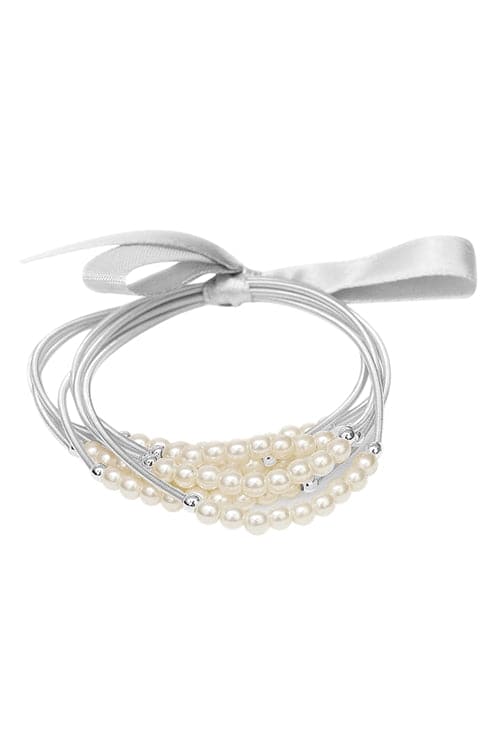 Springwire With Beaded Pearl Elastic Bracelet Silver Cream - Pack of 6